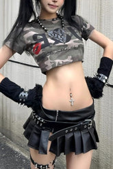 Y2K Distressed Camo Fitted Crop Top