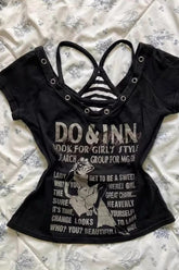 Punk Y2K Vintage Letter Print V-Neck T-shirt
