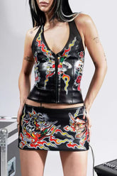 Leather Halter Lace-Up Bodycon Skirt and Tank Top
