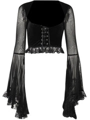 Vintage Black Lace-up Flared Sleeve Crop T-shirt
