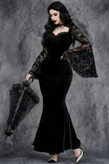 Gothic Vintage Lace Patchwork See Through Flare Sleeve Maxi Dress