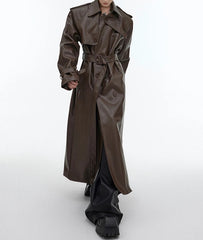 Waterproof Belted Leather Long Coat