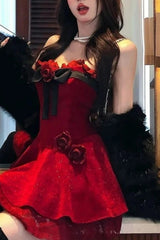 Plush Coat Rose Bow Gothic Y2K Lolita Mini Dress