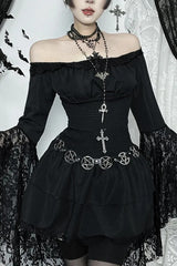 Dark Gothic One Shoulder Shaping Waist Patchwork Slim Mini Dress