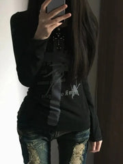 Vintage Punk Print Slim Long-sleeve Y2k Knit Top