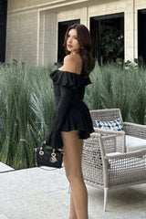 Ruffled Mesh Lace-up Slash Neck Bodycon Mini Dress