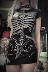 Dark Gothic Skeleton Bone Print Sheer Slim Dress
