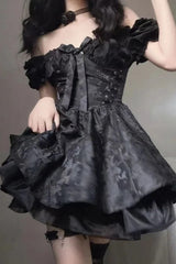 Gothic Jacquard Puff Sleeve A-line Bow Mini Dress