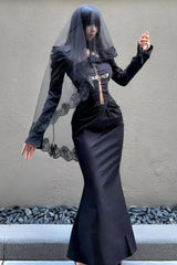 Gothic Lace Veil Cross Maxi Dress