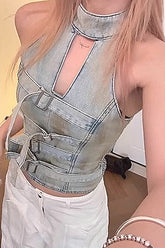 Denim Buckle Strap Halter Top