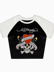 Skull Rose Graphic Vintage Slim T-shirt