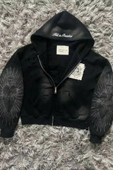 Gothic Printed Fur Collar Oversized Hoodie