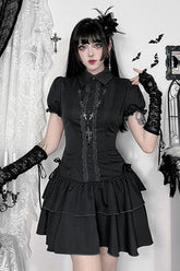 Dark Gothic Lace Patchwork High Waist Bow A-line Mini Dress