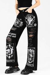 Black Distressed Graphic Straight-Leg Pants