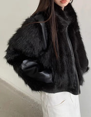 Short Black Patchwork Fur Coat