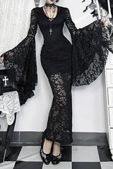 Dark Gothic Lace Flared-sleeve Hollow-out Hem Maxi Dress