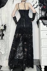 Gothic Vintage Lace Split See Through Maxi Dress