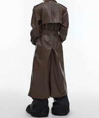 Waterproof Belted Leather Long Coat
