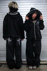 Gothic Y2K Skull Cross Embroidered Straight Wide Leg Denim Pants