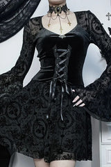 Dark Velvet Gothic Flare Sleeve Bandage Vintage Mini Dress
