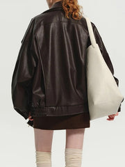 Long Sleeve Brown Leather Jacket