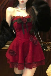 Plush Coat Rose Bow Gothic Y2K Lolita Mini Dress