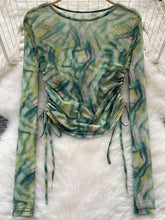 Cyber Tie Dye Drawstring Slim Long Sleeve Mesh Top