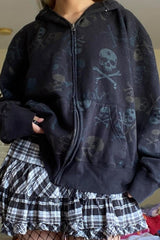 Halloween Skull Print Zip Up Hoodie