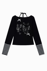 Musical Note Print Striped Halter Top