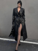 V-Neck Lace-Up Leather Long Coat