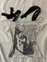 Retro Skull Print Y2K Lace-up Sheer T-shirt