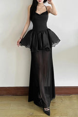 Goth Dark Halter Mesh Stitch Hem Backless Maxi Dress