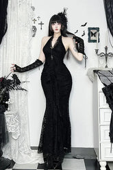 Cyber Y2K Halter Lace Pleat Hem Bodycon Maxi Dress