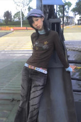 Y2k Grunge Patchwork Diamond Print Turtleneck Knit Top