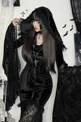 Dark Goth Flocking Lace Batwing Sleeve Hooded Maxi Dress