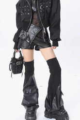 Black PU Flared Patch Pockets Socks