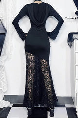 Goth Dark Hooded Cross Hollow Lace Spliced Maxi Dress