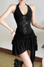 Patchwork Cross Sequins Halter Backless Mesh Mini Dress