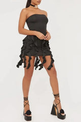 Ruffle Tassel Backless Irregular Strapless Y2K Bodycon Mini Dress