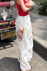 Retro Cross Print Wide-Leg Parachute Pants