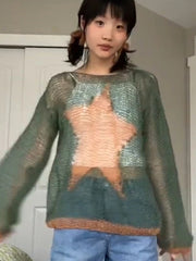 Y2K Pentagram Hollow Out Crochet Long Sleeve Sweater