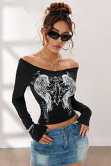 Y2K Gothic Wing V-Neck Long Sleeve T-Shirt