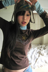 Y2k Grunge Patchwork Diamond Print Turtleneck Knit Top