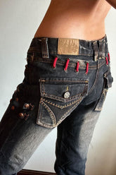 Retro Deconstructed Low-Rise Straight Floor-Length Denim Pants