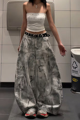 Distressed Dyed Curved Wide Leg Denim Pants