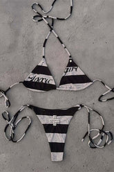 Punk Street Print Cross Rhinestone Swimwear