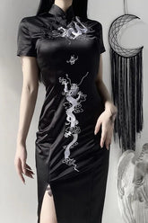 Dark Retro Disc Buckle Embroidered Slim Maxi Dress