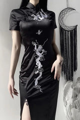 Dark Retro Disc Buckle Embroidered Slim Maxi Dress
