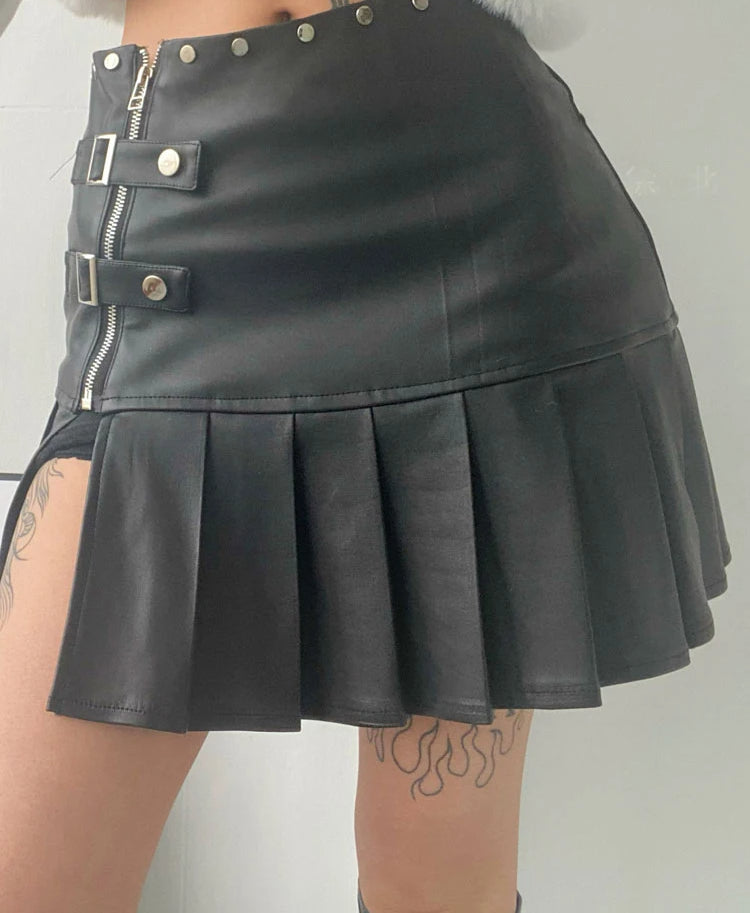 Retro PU Leather Pleated Mini Skirt