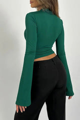 Slim Deep V Bell Sleeve Lace Trim Knit Top